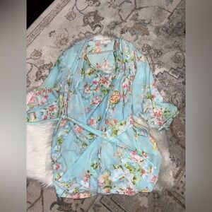 Oscar de la Renta Light Blue Floral Nightgown & Robe Vintage Large